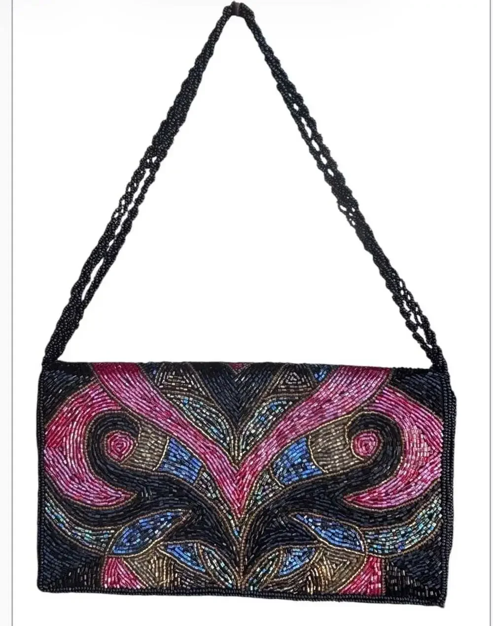 Vintage Hand-Beaded Multi-Color Floral Pattern Evening Clutch with Braided Strap